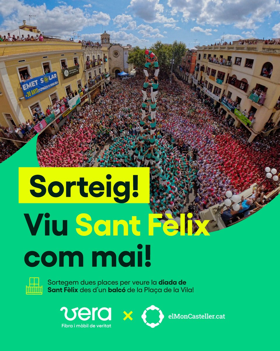 Vera (@somvera_cat) on Twitter photo Fans dels #castells, tenim un sorteig que us encantarà! 💪
A Vera fem pinya amb els amics de <a href="/elMonCasteller/">elMonCasteller.cat</a> per a acostar la diada de Sant Fèlix a tothom.
Participa i guanya 2️⃣ places per a viure aquesta jornada castellera tan esperada des d'un balcó de la Plaça de la Fans dels #castells, tenim un sorteig que us encantarà! 💪
A Vera fem pinya amb els amics de <a href="/elMonCasteller/">elMonCasteller.cat</a> per a acostar la diada de Sant Fèlix a tothom.
Participa i guanya 2️⃣ places per a viure aquesta jornada castellera tan esperada des d'un balcó de la Plaça de la