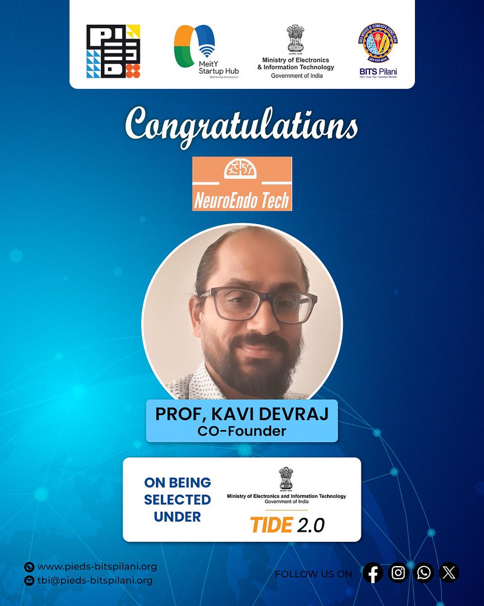 BITS_PIEDS's tweet image. 🎉 Congratulations to NeuroEndo Tech on being selected under TIDE 2.0 by MeitY 🚀 A proud milestone recognizing innovation &amp;amp; vision.

👏 Kudos to Co-Founder Prof. Kavi Devraj for his leadership &amp;amp; commitment to driving impactful solutions! 🌟

#StartupSuccess #TIDE2 #Innovation