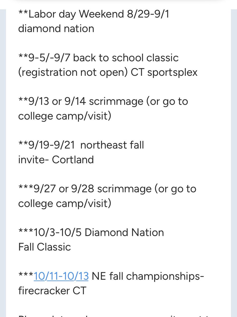 Upcoming Fall schedule (Arlington)