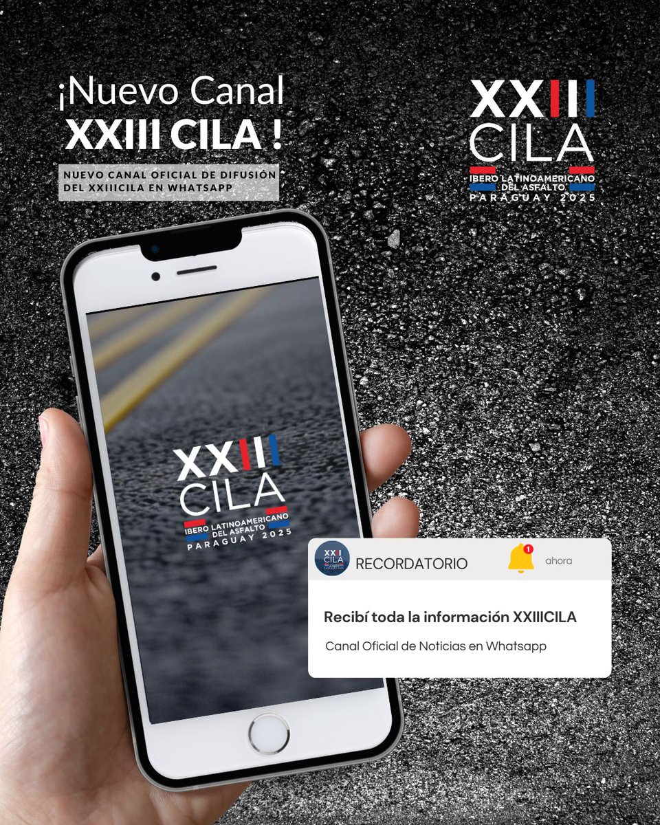 🚨 Novo canal oficial do #XXIIICILA no WhatsApp!
📅 17 a 21 de novembro de 2025 – Assunção, Paraguai 🇵🇾
🛣️ O maior congresso de asfalto da Ibero-América.

👉 whatsapp.com/channel/0029Vb…

#CILA2025 #CongressoCILA #Asfalto