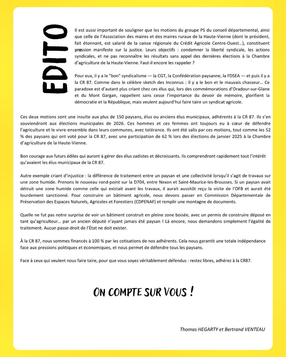🟡⚫️Le nouveau Journal 100% Paysans de la CR87 arrive dans vos boîtes aux lettres ! 🌾

Retrouvez l'édito conjoint de Thomas Hégarty et Bertrand Venteau "Il y a le bon et le mauvais syndicalisme !" ⤵️

online.flippingbook.com/view/572521619/