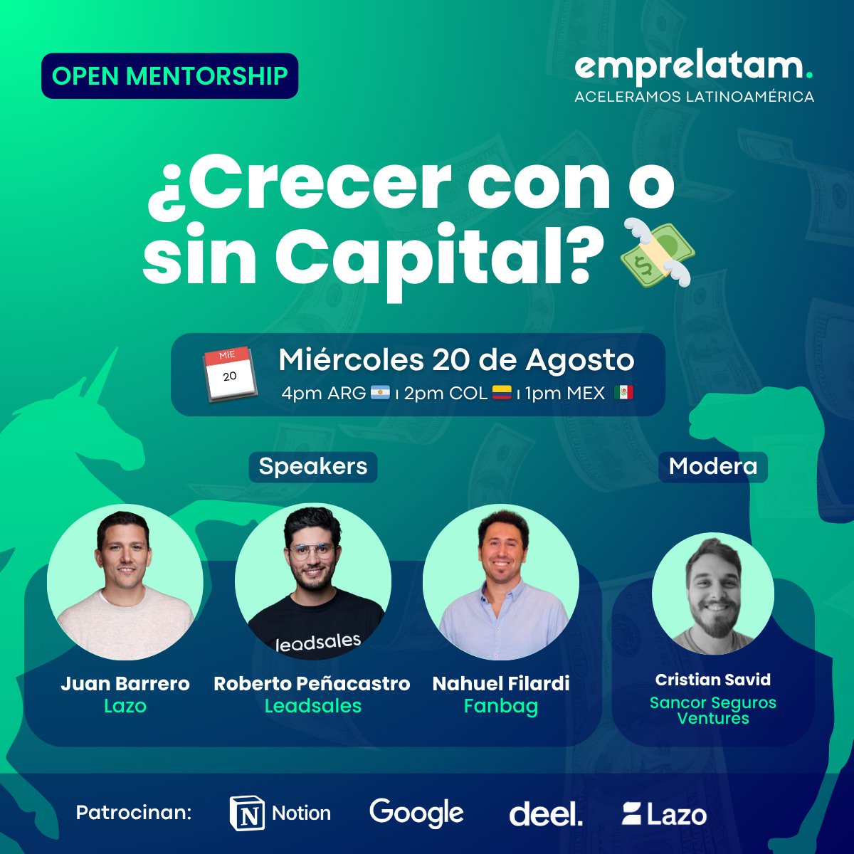 juanma_amoros's tweet photo. Vamos a hablar de estrategias de crecimiento con casos reales de distintos caminos:

- VC
- Bootstrap
- Los matices

Juan Barrero (Lazo 🇺🇸) / Roby Peñacastro (Leadsales 🇲🇽) / Nahuel Filardi (Fanbag 🇦🇷) y Cristián Savid (Sancor Seguros Ventures)

Registro: https://t.co/TiMRIZDD0b https://t.co/EAoDFHH55E