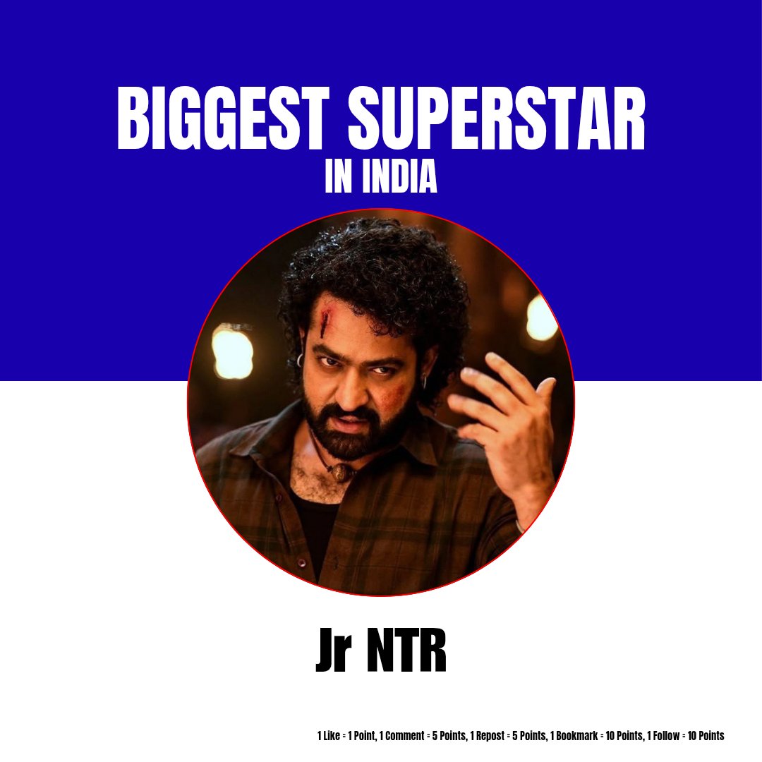 National Poll: BIGGEST SUPERSTAR IN INDIA? 

Vote if you Support: <a href="/tarak9999/">Jr NTR</a> #War2 

RULES: 
1 Like = 1 Point 
1 Repost = 5 Points 
1 Follow = 5 Points 
1 Reply = 2 Points 
1 Bookmark = 5 Points 

Winner Announcement Tomorrow 6PM 🏆