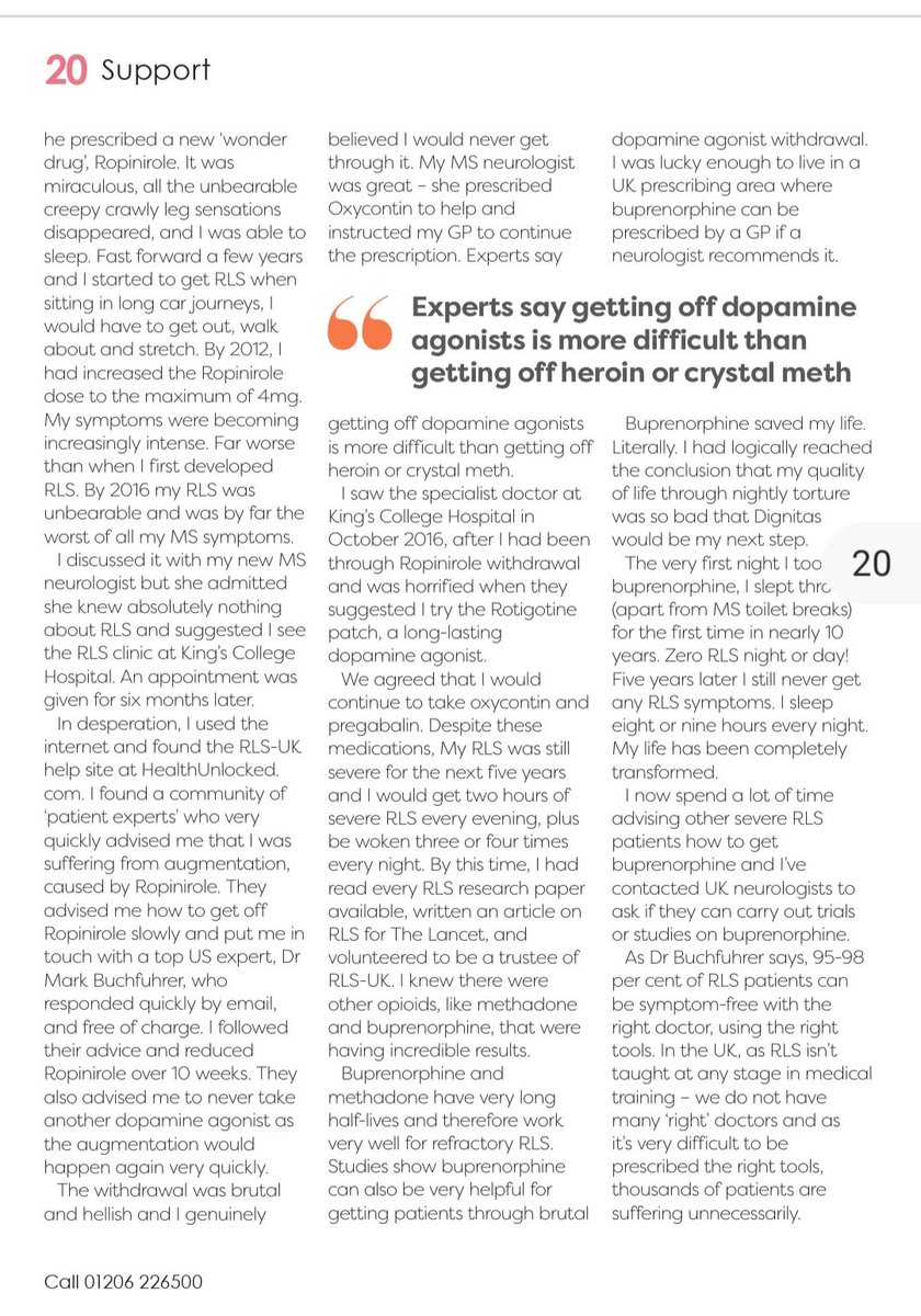 An article on #RLS in #NewPathways  MS magazine warning against #DopamineAgonists by our trustee Julie Gould. RLS affects around 30% of #MS patients.