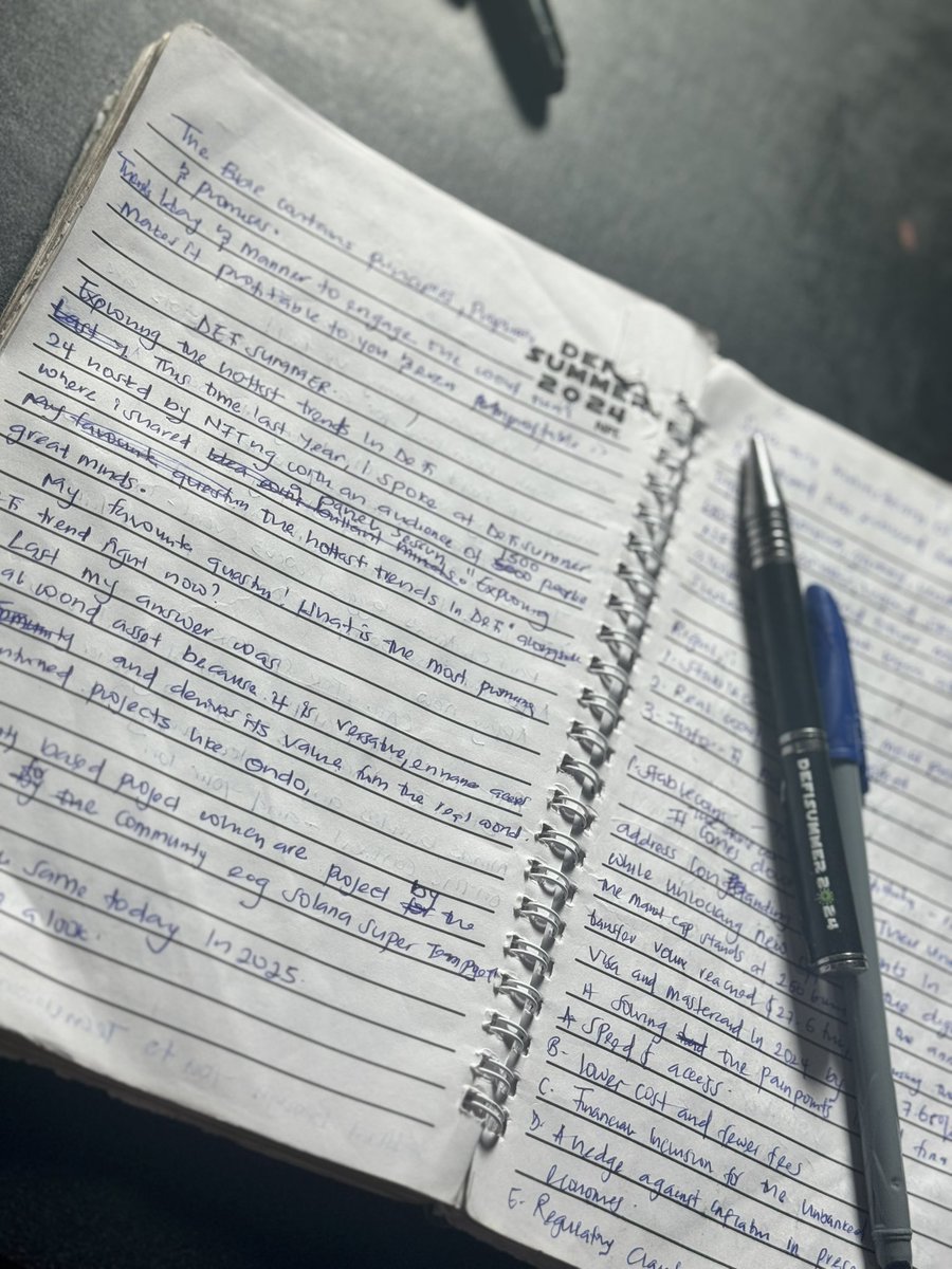 0xOmotuyi's tweet photo. Last page of my #DefiSummer24 jotter.
This small book has carried my wild ideas, random thoughts, to-dos, and launch plans for a Q2/Q3.
This year at #UnchainSummer25, I’m coming for 3 of these.
CC: @NFT__NG @teddi_speaks https://t.co/fyPsUnGSbJ