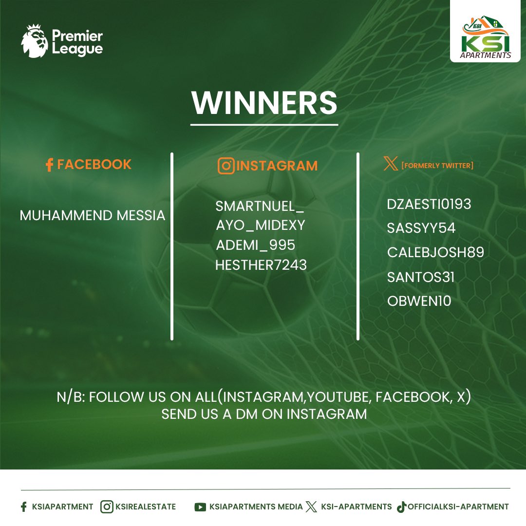 ksi_apartments's tweet image. ⚽ Winners are here! 🎉
Congrats to last week’s correct score champs 🏆👏
👉 Follow us on all platforms &amp;amp; DM us on Instagram to claim your prize.
#KSIApartments #CorrectScoreChallenge