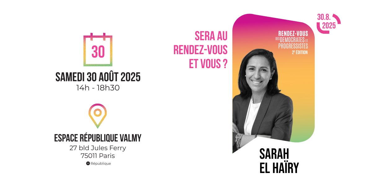 👀 <a href="/sarahelhairy/">Sarah EL HAÏRY</a>, Haute-commissaire à l’Enfance, ancienne Ministre et VP du <a href="/MoDem/">MoDem</a>, sera avec nous pour la 2ᵉ édition du rdv des Démocrates et Progressistes !

👉 Un évènement incontournable pour débattre et s’engager ensemble !

🔗docs.google.com/forms/d/e/1FAI…

#RDDP #TDP