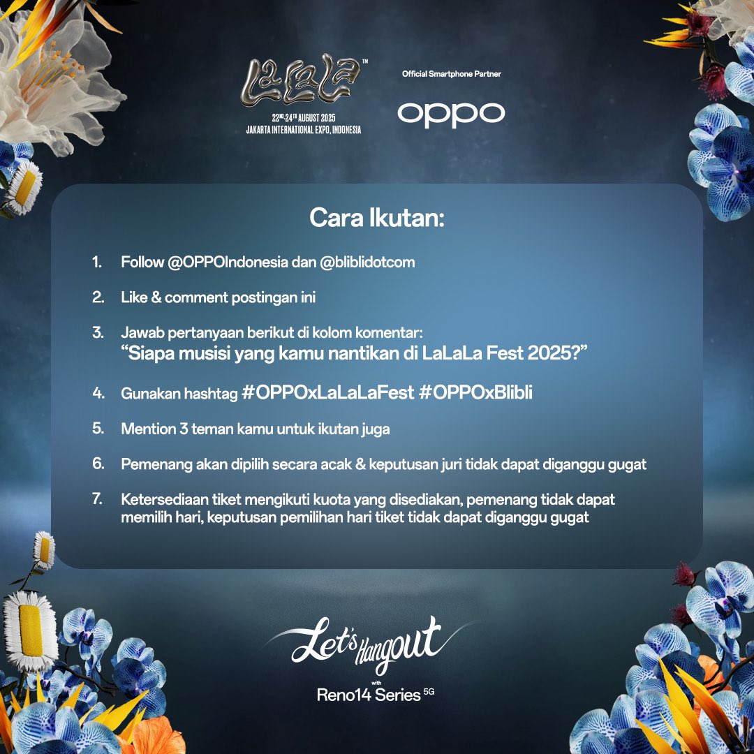 bliblidotcom's tweet photo. 🌟 GIVEAWAY TIME! 🌟 

Mau nonton festival musik paling hits tahun ini yg bakal makin seru bareng OPPOxLaLaLaFest!?

1. Follow akun @OPPOIndonesia & @bliblidotcom 
2. Retweet & like postingan ini 
3. Comment dan Quote Tweet jawaban dari pertanyaan ini: Siapa musisi yg kamu nantikan di LaLaLa Fest 2025? 
4. Gunakan hashtag #OPPOxLaLaLaFest #OPPOxBlibli #OPPOReno14diBlibli

*5 pemenang akan mendapatkan @1(satu) tiket gratis! 

goodluck🩵 #NoBlabladiBlibli