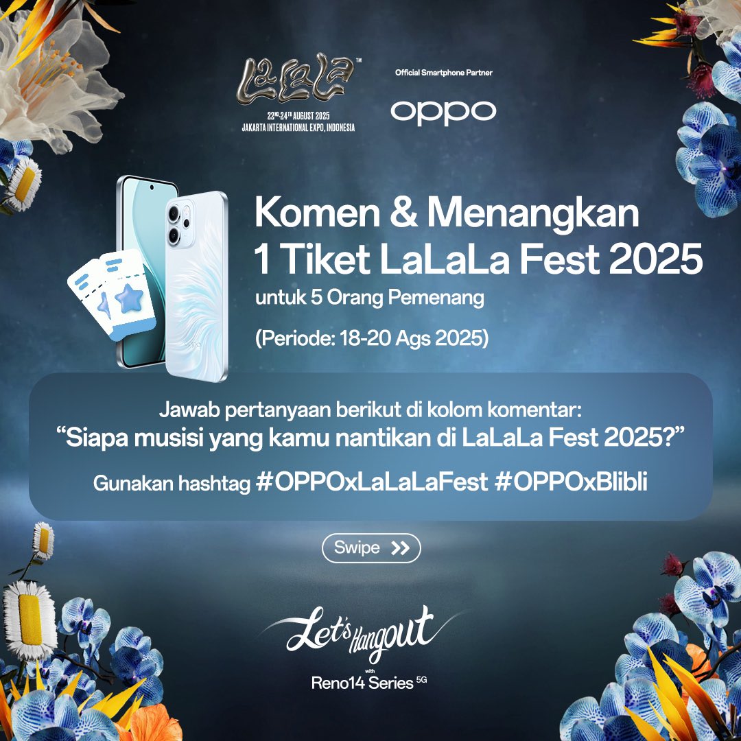 bliblidotcom's tweet photo. 🌟 GIVEAWAY TIME! 🌟 

Mau nonton festival musik paling hits tahun ini yg bakal makin seru bareng OPPOxLaLaLaFest!?

1. Follow akun @OPPOIndonesia & @bliblidotcom 
2. Retweet & like postingan ini 
3. Comment dan Quote Tweet jawaban dari pertanyaan ini: Siapa musisi yg kamu nantikan di LaLaLa Fest 2025? 
4. Gunakan hashtag #OPPOxLaLaLaFest #OPPOxBlibli #OPPOReno14diBlibli

*5 pemenang akan mendapatkan @1(satu) tiket gratis! 

goodluck🩵 #NoBlabladiBlibli
