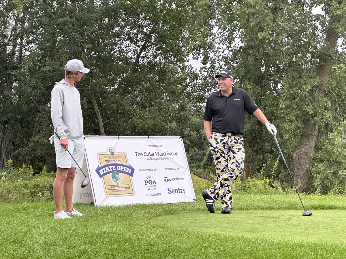 A Badgers and a Golden Eagle walk onto the tee … sorry, no punchline. Will Harned, left, and Mike Van Sickle get ready to tee off in the first round of the 105th ⁦<a href="/WisconsinPGA/">Wisconsin PGA</a>⁩ State Open.