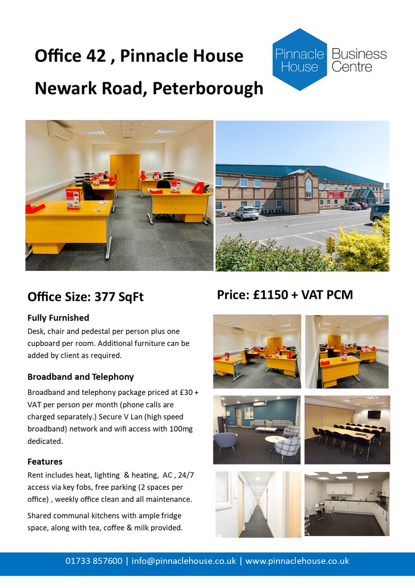 Looking for a spring fresh start in September 2025? We have something for everyone! Look no further. Office 42 is a large office at 377 square foot, and can easily accommodate up to 12 persons. The great news? Its available NOW!   To view please call 01733 857 600.