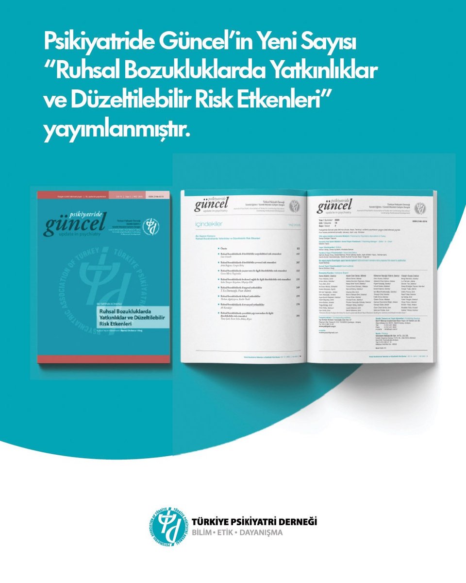 Değerli meslektaşlarımız,

Türkiye Psikiyatri Derneği Yayınları’nın Sürekli Eğitim ve Mesleki Gelişim Dergisi Psikiyatride Güncel’in “Ruhsal Bozukluklarda Yatkınlıklar ve Düzeltilebilir Risk Etmenleri” başlıklı 2025 yılı Yaz sayısı yayımlanmıştır. 

Ruhsal bozuklukların ortaya