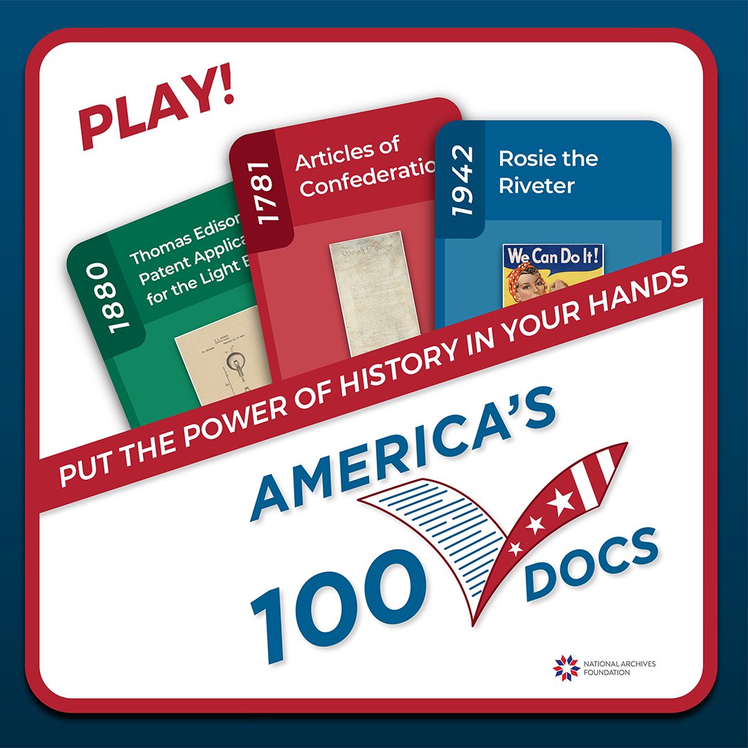 MNSecofState's tweet image. 100 historic documents. Only ONE will stand apart from the rest. America – it’s time for YOU to decide!

📣 We are a proud partner of America&apos;s #100Docs, a new online game that puts the power of #history in your hands. Play today at 100docs.vote! @archivesfdn
