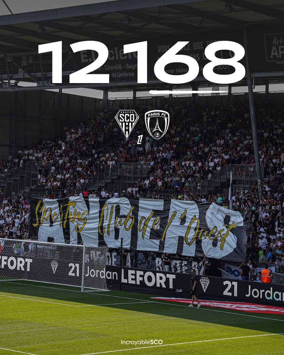 IncroyableSCO's tweet photo. 🏟️ - 𝟏𝟐 𝟏𝟔𝟖 𝐬𝐮𝐩𝐩𝐨𝐫𝐭𝐞𝐫𝐬 ont assisté à la victoire d’Angers SCO lors de #SCOPFC hier ! ⚫️⚪️
Une belle communion à la fin du match et une ambiance au rendez-vous pour ce premier match de la saison en plein mois d’août. 👏🏼 https://t.co/nvH8fTfR3b