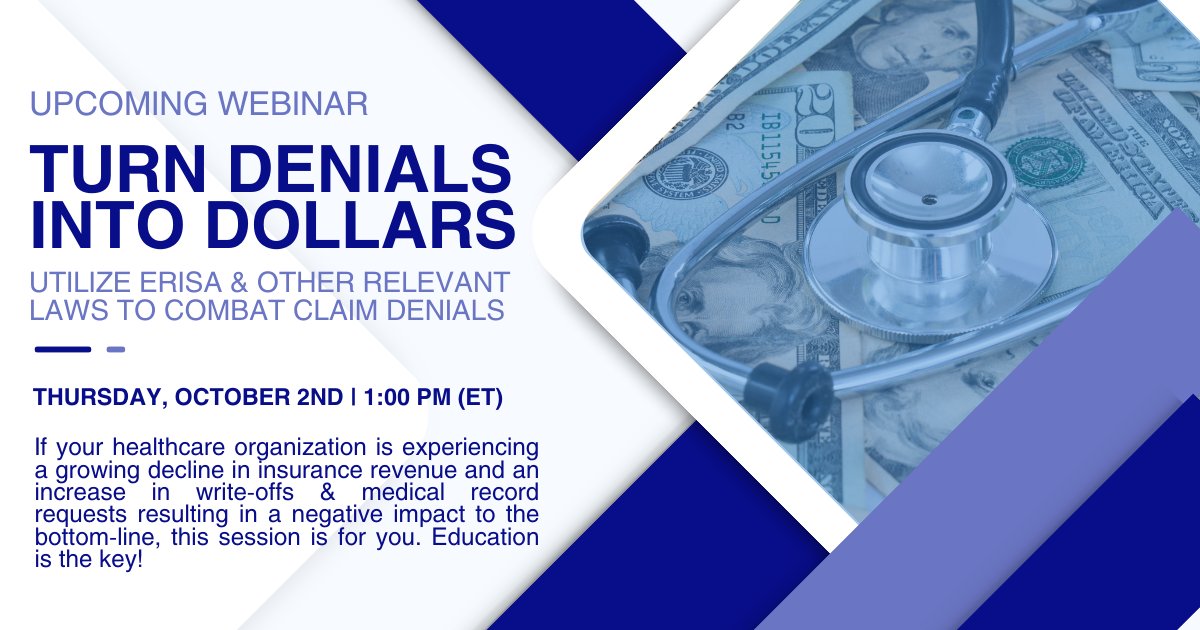 Announcing our October webinar: Turn Denials into Dollars!

Join us October 2nd as we hear from Karlene Dittrich, CBCS, CPC, CPMA, CECC, on utilizing ERISA and other relevant laws to combat claim denials.

Registration info has been sent to members.