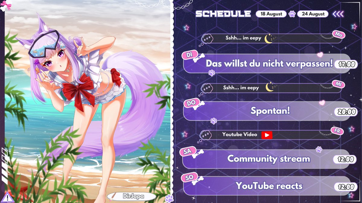 💜 STREAMPLAN 💜

💜DI 17 Uhr : toller Stream 
💕DO 20 Uhr : spontan 
💜SA 12 Uhr : Community Stream 
💕SO 12 Uhr : Video reacts 

Ich freue mich auf euch!💜🎉