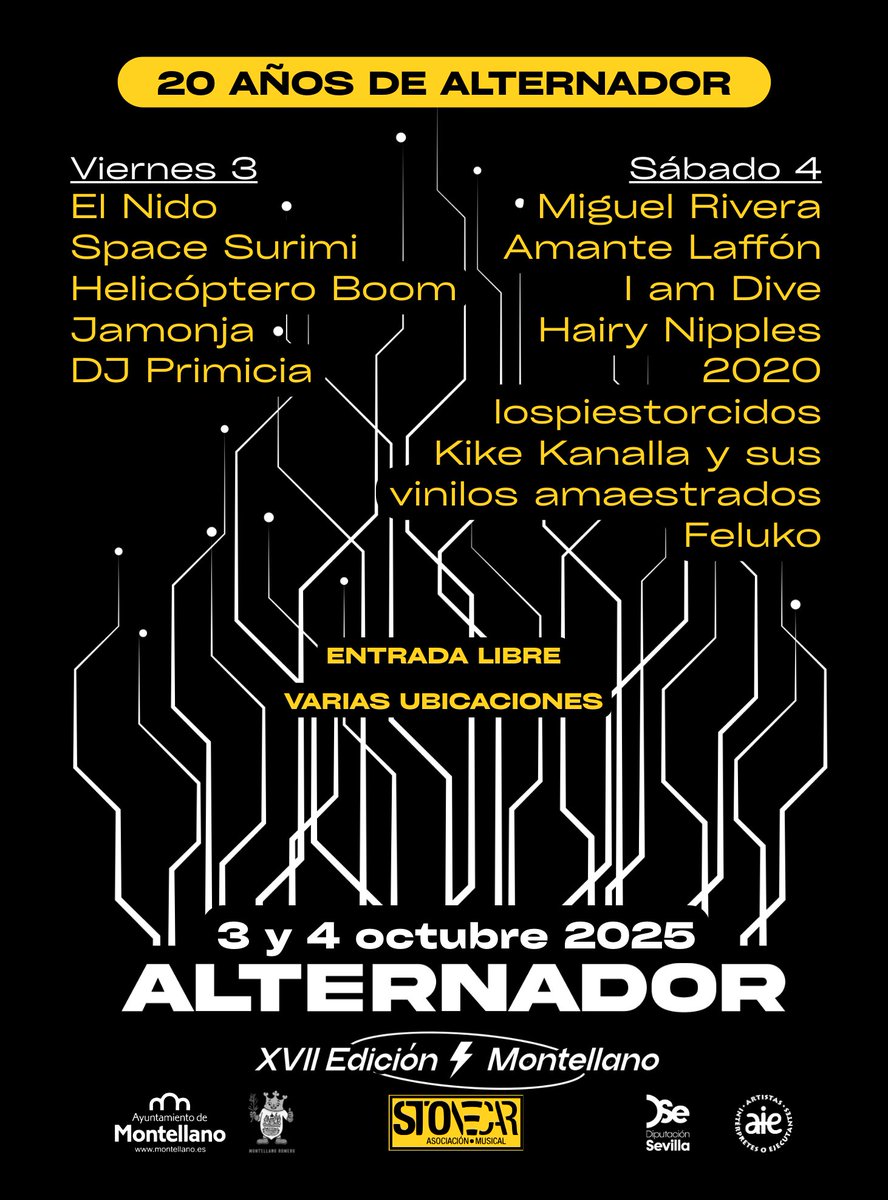 ⚡XVII Festival 𝐄𝐥 𝐀𝐥𝐭𝐞𝐫𝐧𝐚𝐝𝐨𝐫 #𝐌𝐨𝐧𝐭𝐞𝐥𝐥𝐚𝐧𝐨 | 𝐯𝐢𝐞𝐫𝐧𝐞𝐬 𝟑 𝐲 𝐬𝐚́𝐛𝐚𝐝𝐨 𝟒 𝐝𝐞 𝐨𝐜𝐭𝐮𝐛𝐫𝐞 𝐝𝐞 𝟐𝟎𝟐𝟓 | Varias localizaciones | Entrada libre | +info instagram.com/elalternador | #ALT2025fest #alternadormontellano #elalternador #20añosdeAlternador