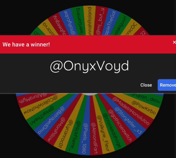 mocha!! ๐ (@mochaart__) on Twitter photo The Wheel has spokenโฆ.
Congrats to <a href="/OnyxVoyd/">ยท.ยทโ
๐๐ท๐๐ โ
ยท.ยท</a> for winning!! ๐๐
Thank you all for participating! The Wheel has spokenโฆ.
Congrats to <a href="/OnyxVoyd/">ยท.ยทโ
๐๐ท๐๐ โ
ยท.ยท</a> for winning!! ๐๐
Thank you all for participating!
