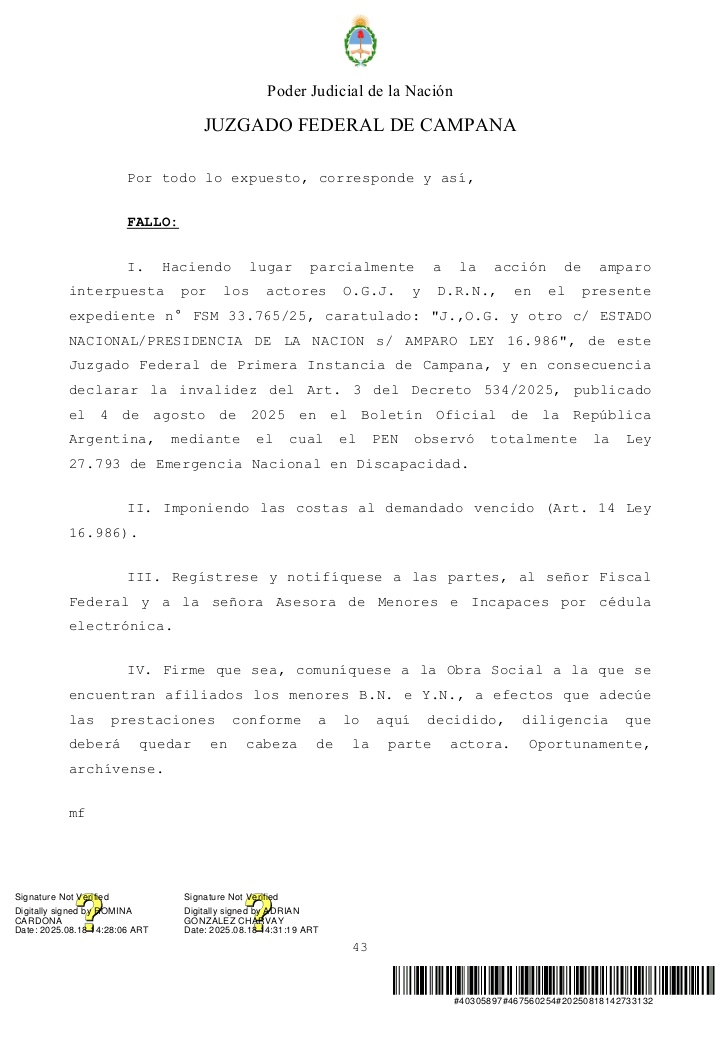 La justicia declara inválido el veto presidencial a la Ley de Emergencia en Discapacidad