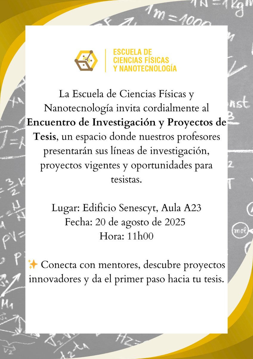 ¿Todavía no tienes tutor?
Este miércoles se llevará a cabo el Encuentro de Investigación y Proyectos de Tesis un espacio en el que presentaremos a los estudiantes de titulación las líneas de investigación de la ECFN y las oportunidades disponibles para el desarrollo de su tesis.