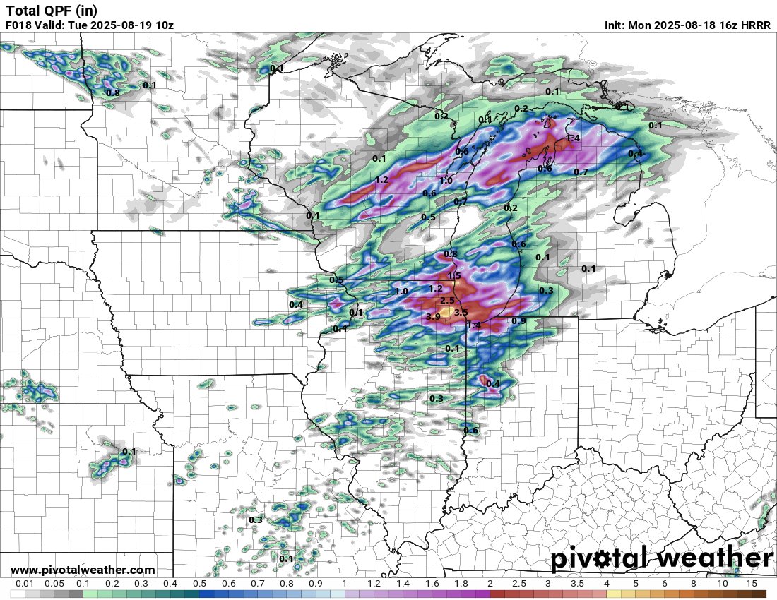 We could be looking at another localized flash flood event this evening across Chicagoland. Models show a narrow corridor of 2-5 inches of rain in a short period. Be ready for torrential rainfall if you are in a flood-prone area. #ilwx
