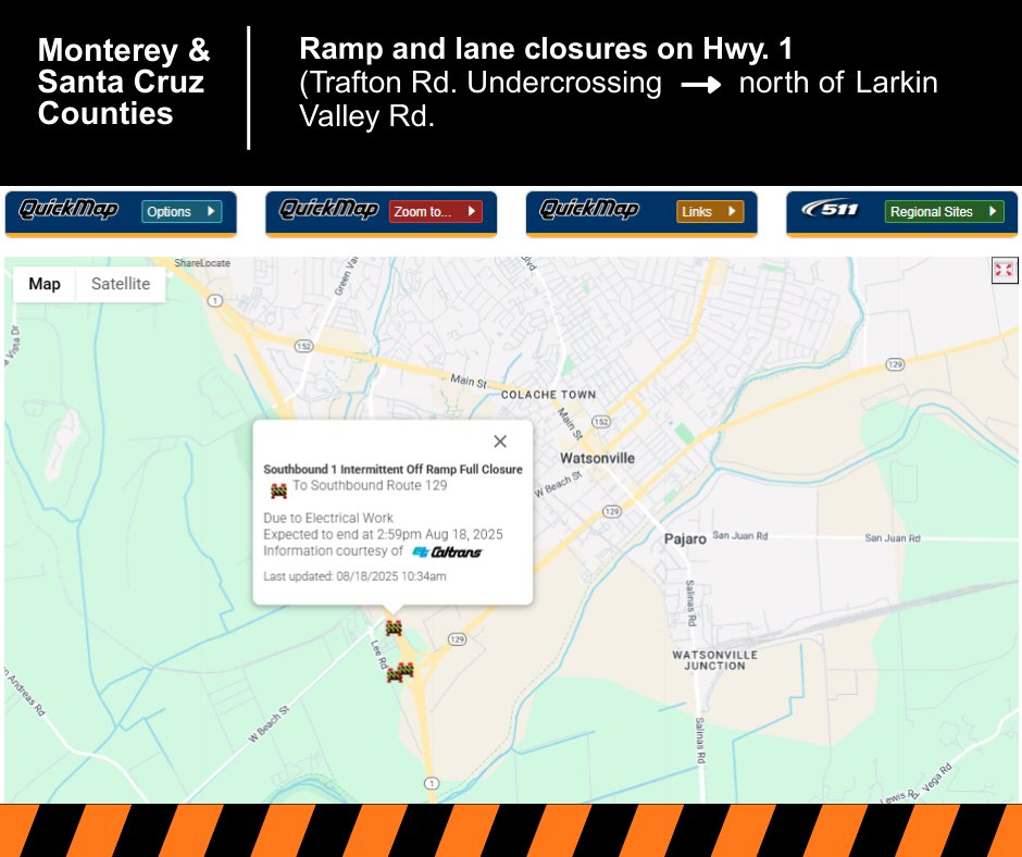 🚧TRAFFIC ALERT: Hwy. 1
📍Monterey/Santa Cruz Counties
🗓️Aug. 18-Sept. 3
Caltrans will conduct ramp/lane closures on Hwy. 1 (Trafton Rd Undercrossing in Monterey Co. ➝ north of Larkin Valley Rd in Santa Cruz Co.) for a drainage improvement project.
Info: QuickMap.dot.ca.gov