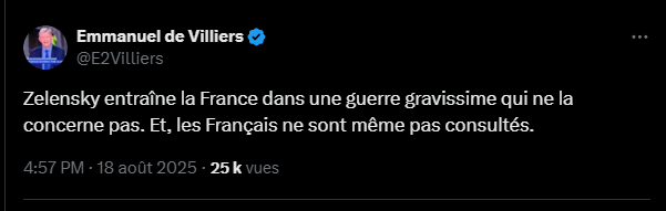 Steeve Cox (@cox_steeve) on Twitter photo Non <a href="/E2Villiers/">Emmanuel de Villiers</a> ce n’est pas Zelensky qui entraîne la 🇫🇷
La France choisit librement de soutenir un pays agressé parce qu’elle n’a pas oublié 39-45
Si tu penses que l’invasion d’un État européen par la Russie ne nous concerne pas va expliquer ça aux pays baltes et aux Polonais Non <a href="/E2Villiers/">Emmanuel de Villiers</a> ce n’est pas Zelensky qui entraîne la 🇫🇷
La France choisit librement de soutenir un pays agressé parce qu’elle n’a pas oublié 39-45
Si tu penses que l’invasion d’un État européen par la Russie ne nous concerne pas va expliquer ça aux pays baltes et aux Polonais