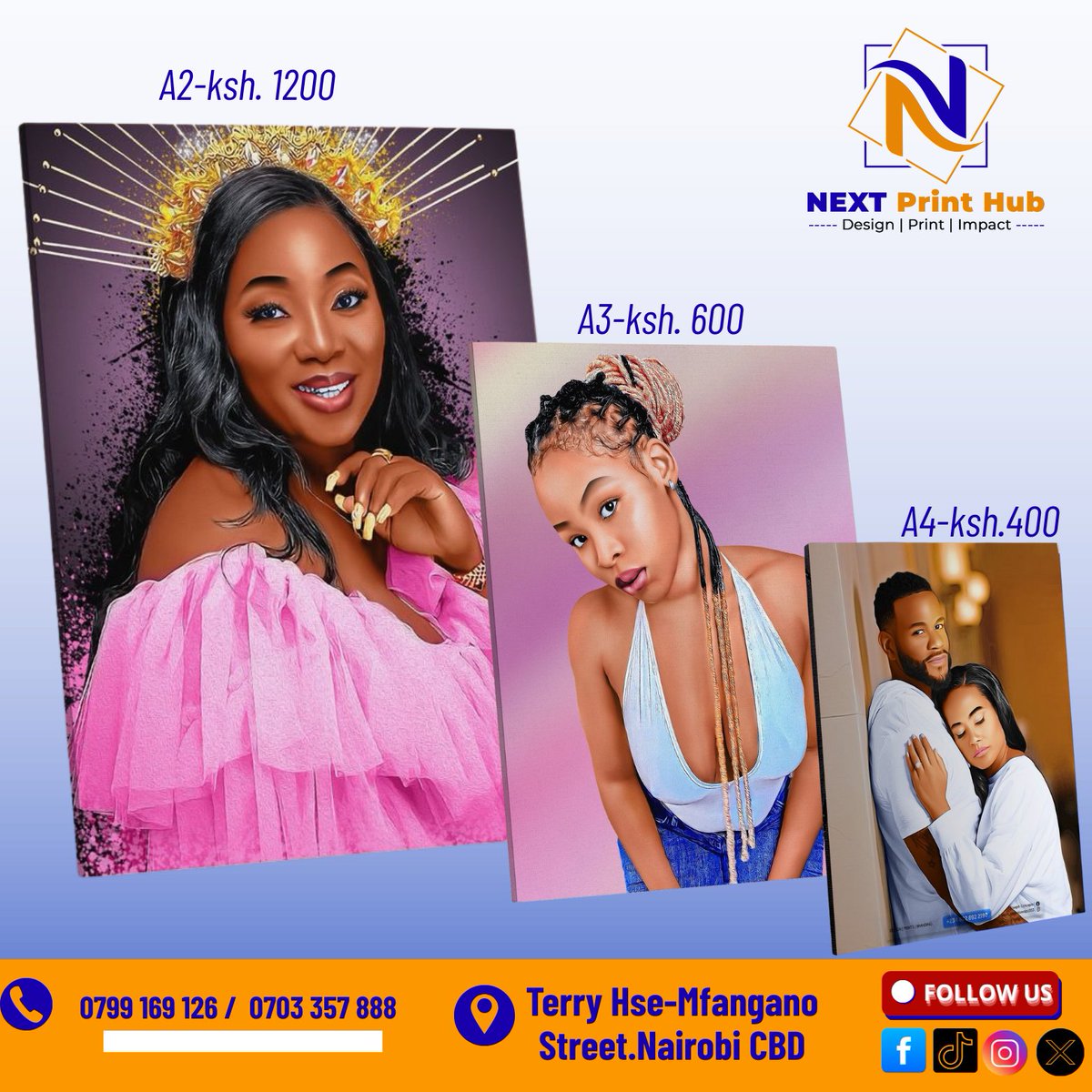 NEXTprintHub's tweet photo. Transform your photos into premium wall art! 🎨
 NextPrint Hub – Terry House, Mfangano St.
A1 2,800 | A2 1,200 | A3 600 | A4 400
📞 0799 169 126 / 0703 357 888 | WhatsApp 0740 638 581
We print &amp; design everything!
#NextPrintHub #PhotoMount #QualityPrinting #KenyaDeals https://t.co/n9f6dgTocR