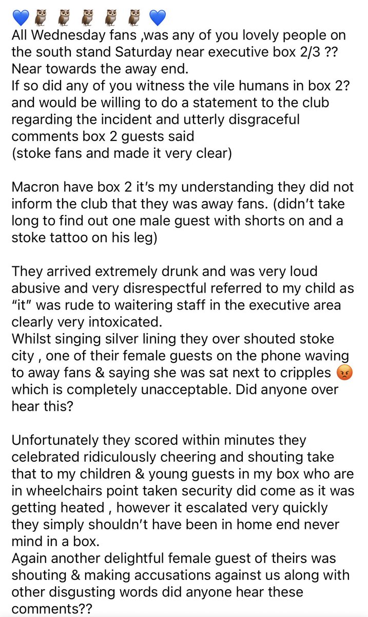 Boardy (@boardy85l) on Twitter photo Hope <a href="/swfc/">Sheffield Wednesday</a>, <a href="/stokecity/">Stoke City FC</a> and macron deal with the disgusting behaviour in the 2-3 executive box at weekend… poor young lad shouldn’t have to deal with this! Hope <a href="/swfc/">Sheffield Wednesday</a>, <a href="/stokecity/">Stoke City FC</a> and macron deal with the disgusting behaviour in the 2-3 executive box at weekend… poor young lad shouldn’t have to deal with this!