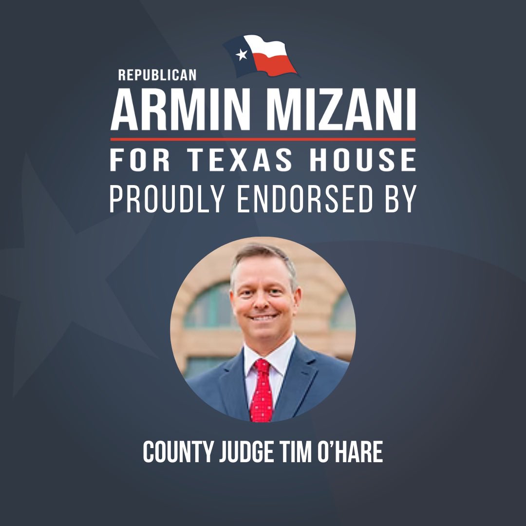 Mayor Armin Mizani (@arminmizanitx) on Twitter photo I’m proud to have the endorsement of Tarrant County Judge <a href="/TimothyOHare/">Tim O'Hare, Tarrant County Judge</a> in the race for #HD98. Under his leadership, promises were made and kept. He is a true champion of our conservative values and the best County Judge in America. #txlege I’m proud to have the endorsement of Tarrant County Judge <a href="/TimothyOHare/">Tim O'Hare, Tarrant County Judge</a> in the race for #HD98. Under his leadership, promises were made and kept. He is a true champion of our conservative values and the best County Judge in America. #txlege