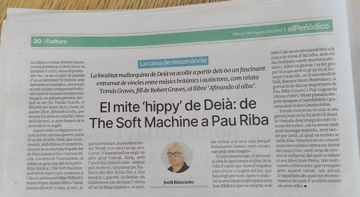 "El mite 'hippie' de Deià: de The Soft Machine a Pau Riba" per <a href="/JordiBianciotto/">Jordi Bianciotto</a> en motiu del llibre "Afinando al alba" de Tomás Graves a <a href="/kultrumlibros/">kultrumlibros</a> 👀📚