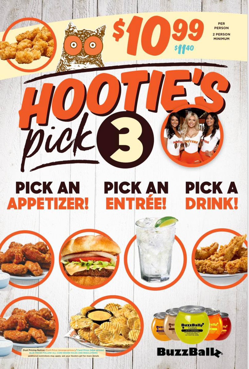hootersarizona's tweet photo. Hootie’s Pick 3: finally a choice you can’t screw up. 🍗🍔🍺 #HootersArizona  #WingGoals #PickThree https://t.co/h9EMQzTtZD