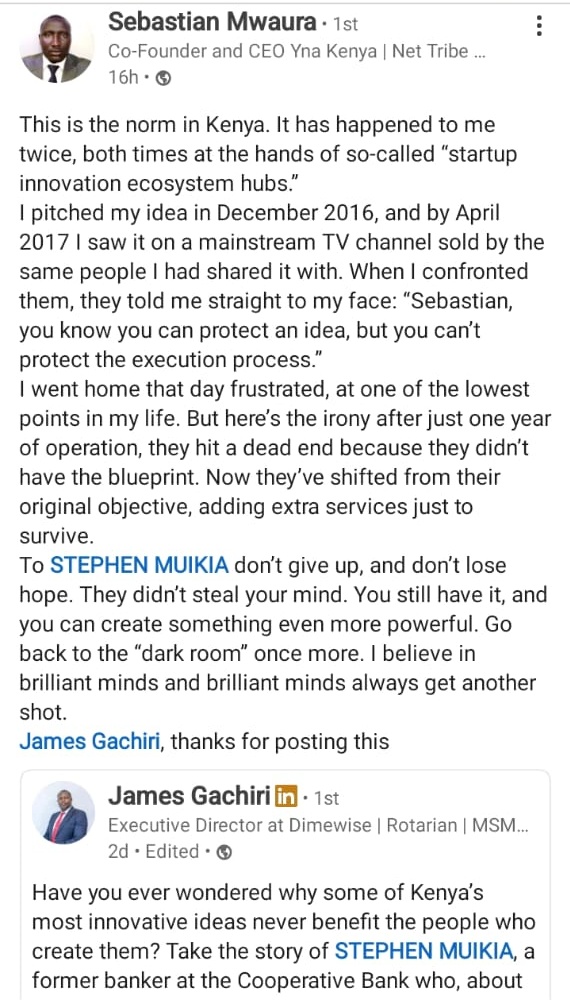 What started as a single tweet, is now a topic at the national stage and will soon hit the global stage.

Innovation theft must come to an end.

<a href="/stevemuikia/">Steve Muikia</a> the PESALINK innovator deserves justice and we will not relent.