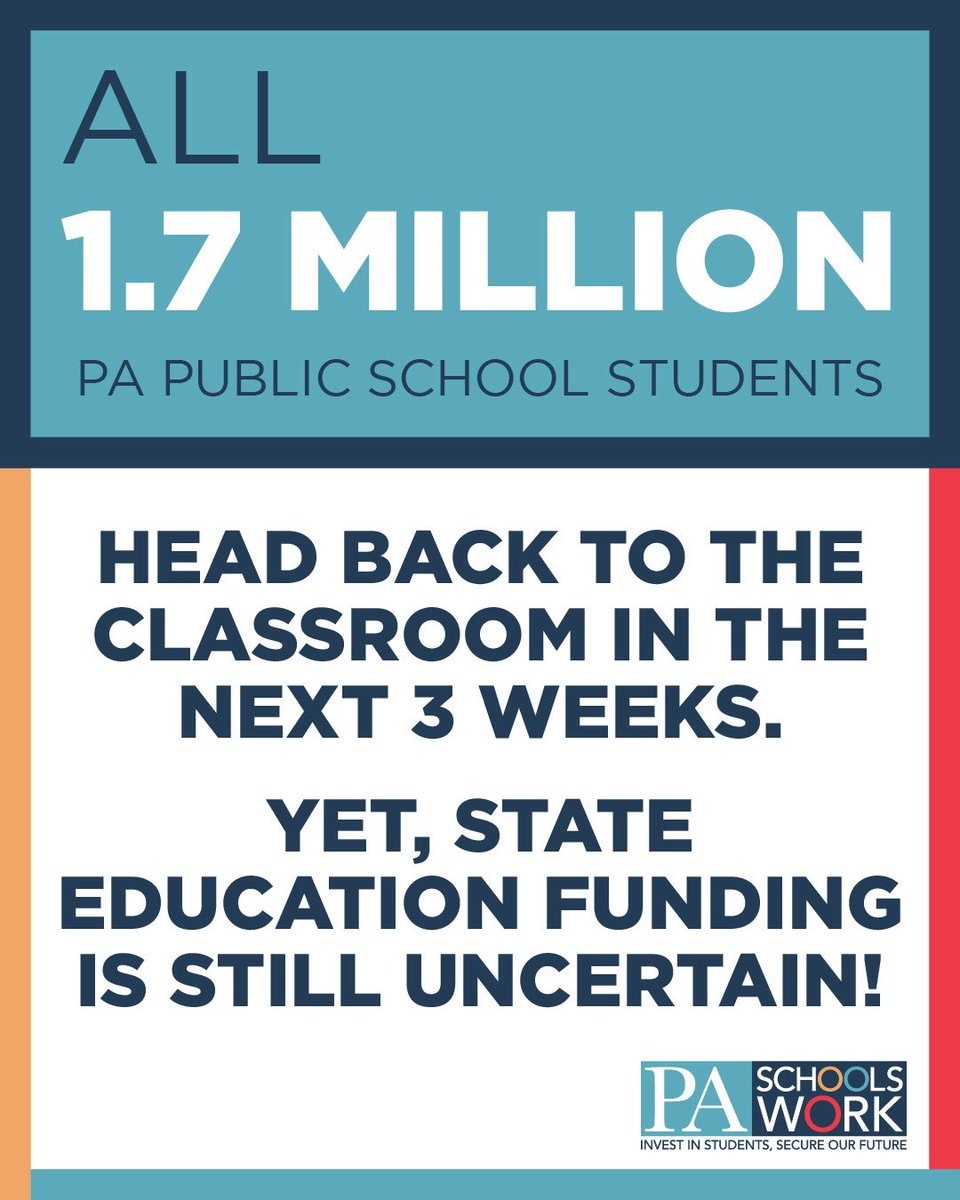 In three weeks, all 1.5 million PA students will be back in their public schools. These students are relying on their lawmakers to fulfill their Constitutional obligation in addressing the $4 billion adequacy gap in our public schools.
