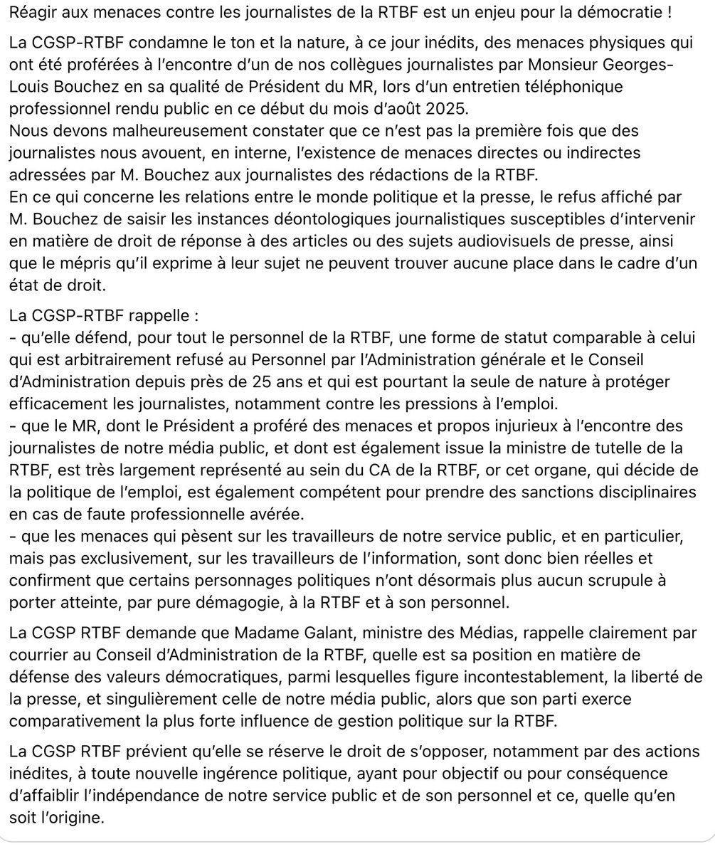 michelhenrion's tweet image. La #CGSP de la @RTBF se réserve" le droit de s’opposer, notamment par des #actions inédites, à toute nouvelle #ingérence #politique, ayant pour objectif ou pour conséquence d’affaiblir l’indépendance du service public et de son personnel et ce, quelle qu’en soit l’origine."…