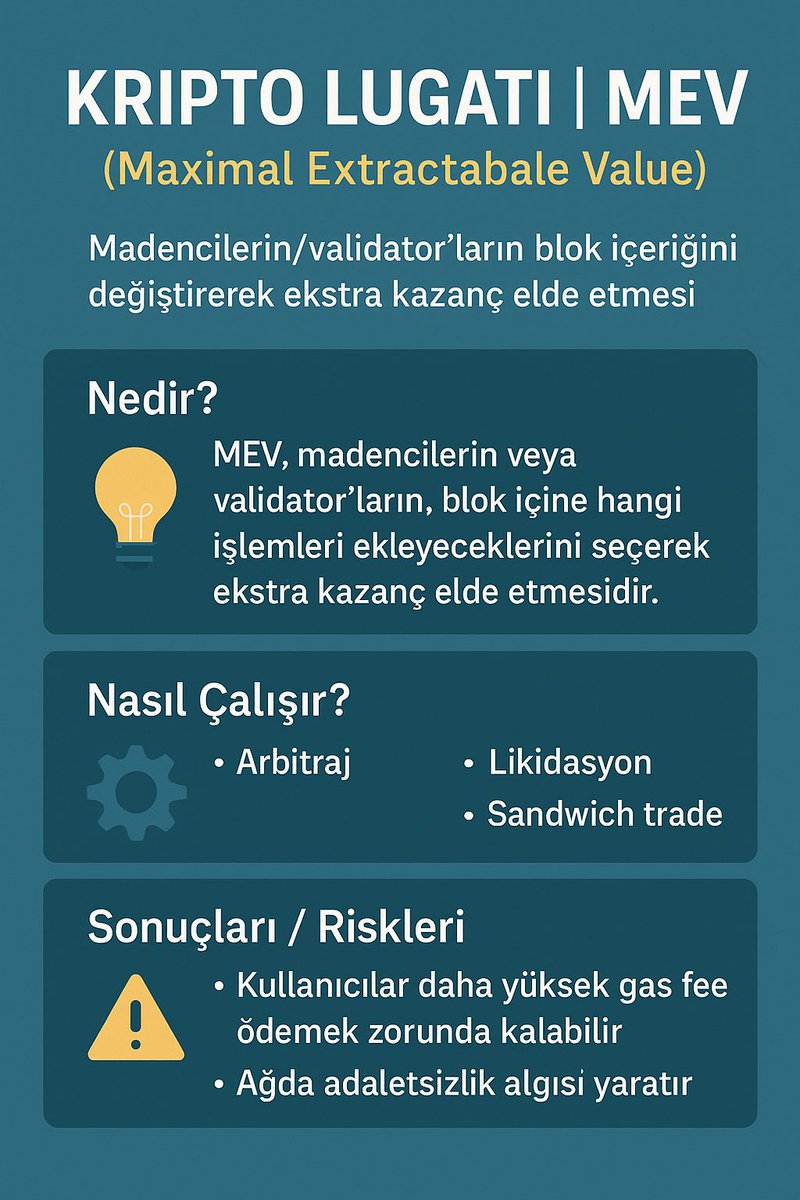 📚 Kripto Lugatı | MEV (Maximal Extractable Value)

⛓️ Madenciler/validator’lar, blok içine ekleyecekleri işlemleri seçerek ekstra kazanç elde eder.
⚙️ Yöntemler: Arbitraj, Likidasyon, Sandwich trade
⚠️ Sonuç: Yüksek gas fee, adaletsizlik algısı

#MEV  #DeFi #Ethereum #Blockchain