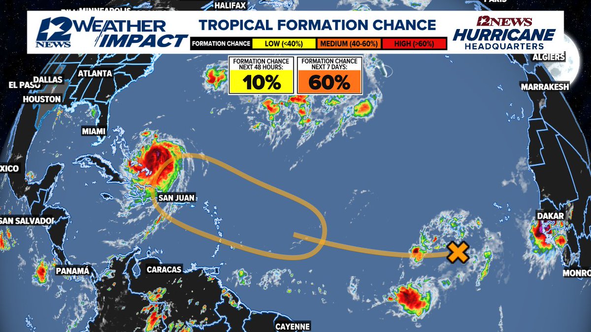 A tropical disturbance in the far Eastern Atlantic has a moderate chance of development during the next seven days.  By Saturday night, it could be just north of Puerto Rico.  The next name on the list is Fernand.  #12NewsNowWeather 12NewsNow.com/weather