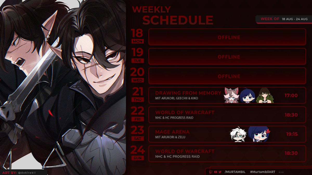 Streamplan

18.08 - 24.08  

🗡️ Do: Drawing from Memory mit <a href="/GeechiisArtwork/">Geechii</a>, <a href="/Arukori/">Arukori ✨ Witch Vtuber</a> &amp; <a href="/Kikori3007/">Kiko</a> 
🗡️ Fr: World of Warcraft Raid
🗡️ Sa: Mage Arena mit <a href="/zelu_vtuber/">Zelu | Alter Acc wurde gehackt.</a> &amp; <a href="/Arukori/">Arukori ✨ Witch Vtuber</a> 
🗡️ So: World of Warcraft Raid