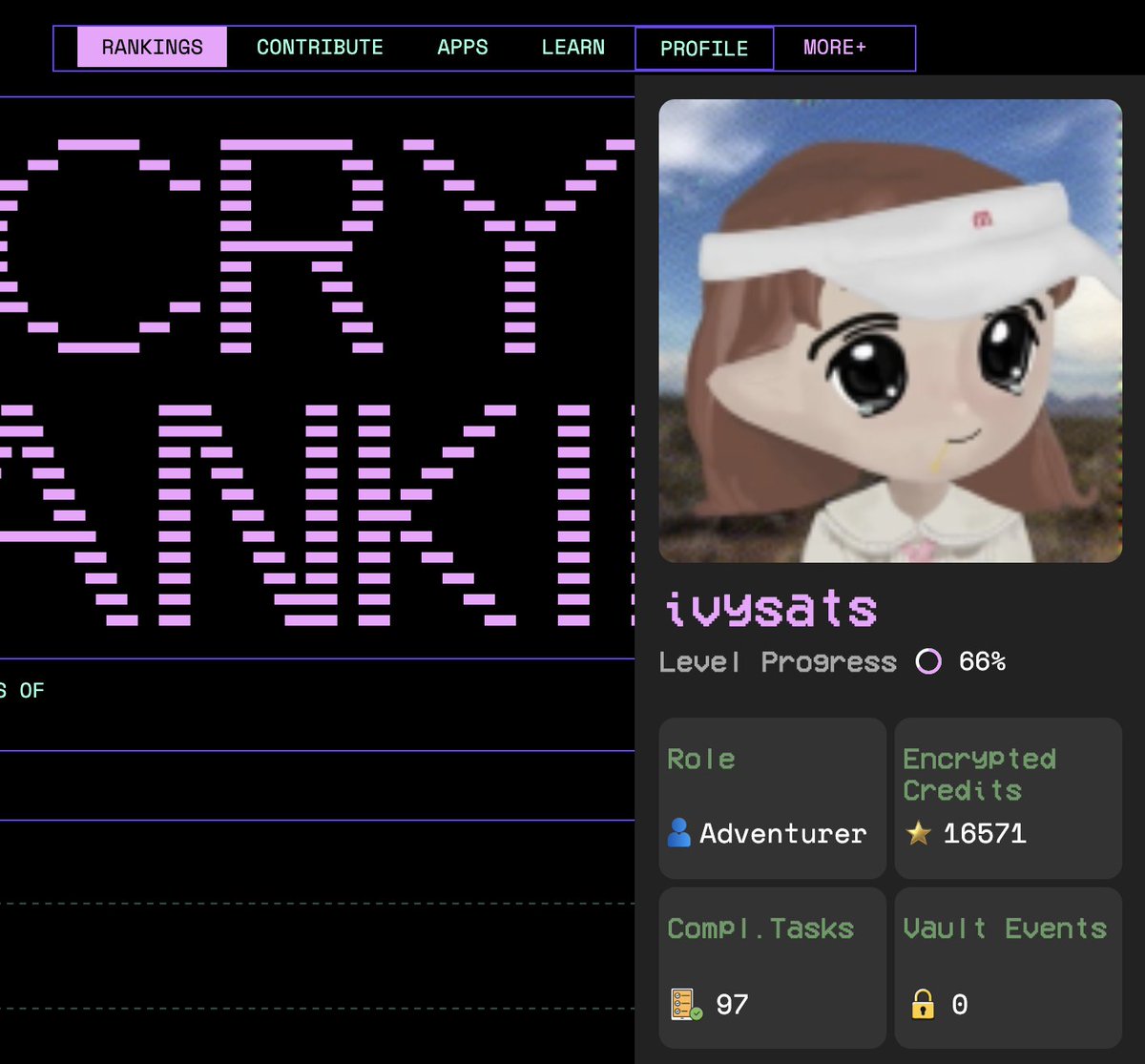 adventurer at <a href="/arcium/"></a>.
confidant By September.
gMPChad today.

this was an exciting journey for me. gMPC to those who believe Privacy 2.0 is the future