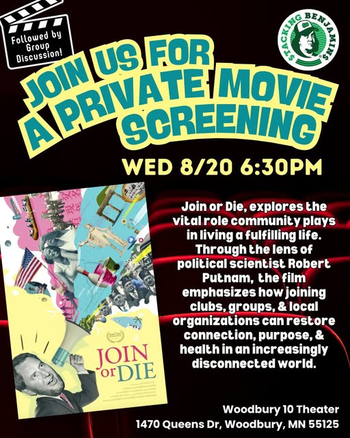 Feeling disconnected? Your community might be the answer.

Join us for a private screening of Join or Die in Woodbury, MN on Wed, 8/20 at 6:30 PM. 

Spots are limited! 🍿
RSVP: stackingbenjamins.com/meetup

#stackingbenjamins #TwinCities #JoinOrDie