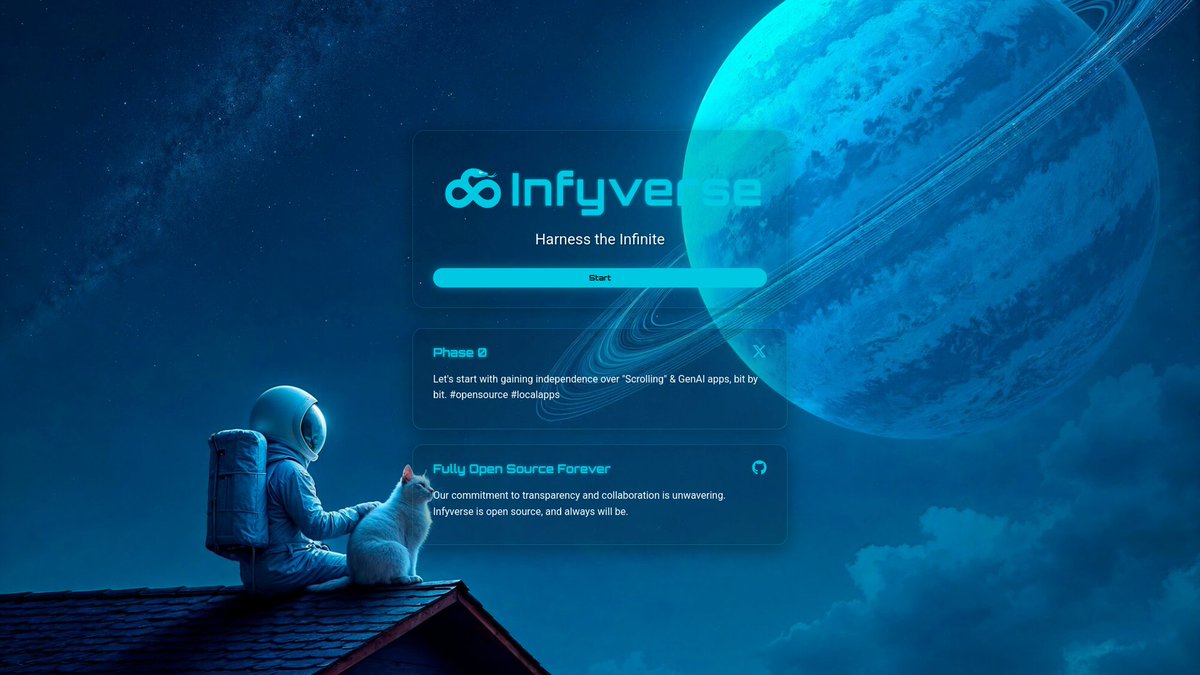 infyverse's tweet image. Launching Infyverse Phase 0 at infyverse.space, let&apos;s start with gaining independence over &quot;Scrolling&quot; &amp;amp; GenAI apps, bit by bit. #opensource #localapps