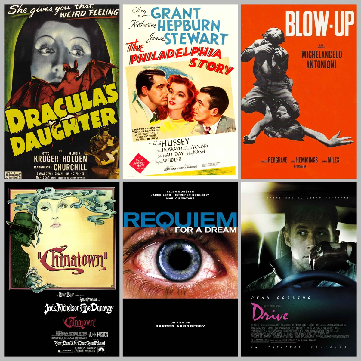 #Filmtwitter Go to
@Letterboxd &amp; search by decade; share 1 entry you haven’t seen for each. 

Me:
30s: Dracula’s Daughter
40s: The Philadelphia Story
50s: Hiroshima Mon Amour
60s: Blow-Up
70s: Chinatown
80s: Clue
90s: Barton Fink
00s: Requiem for a Dream
10s: Drive