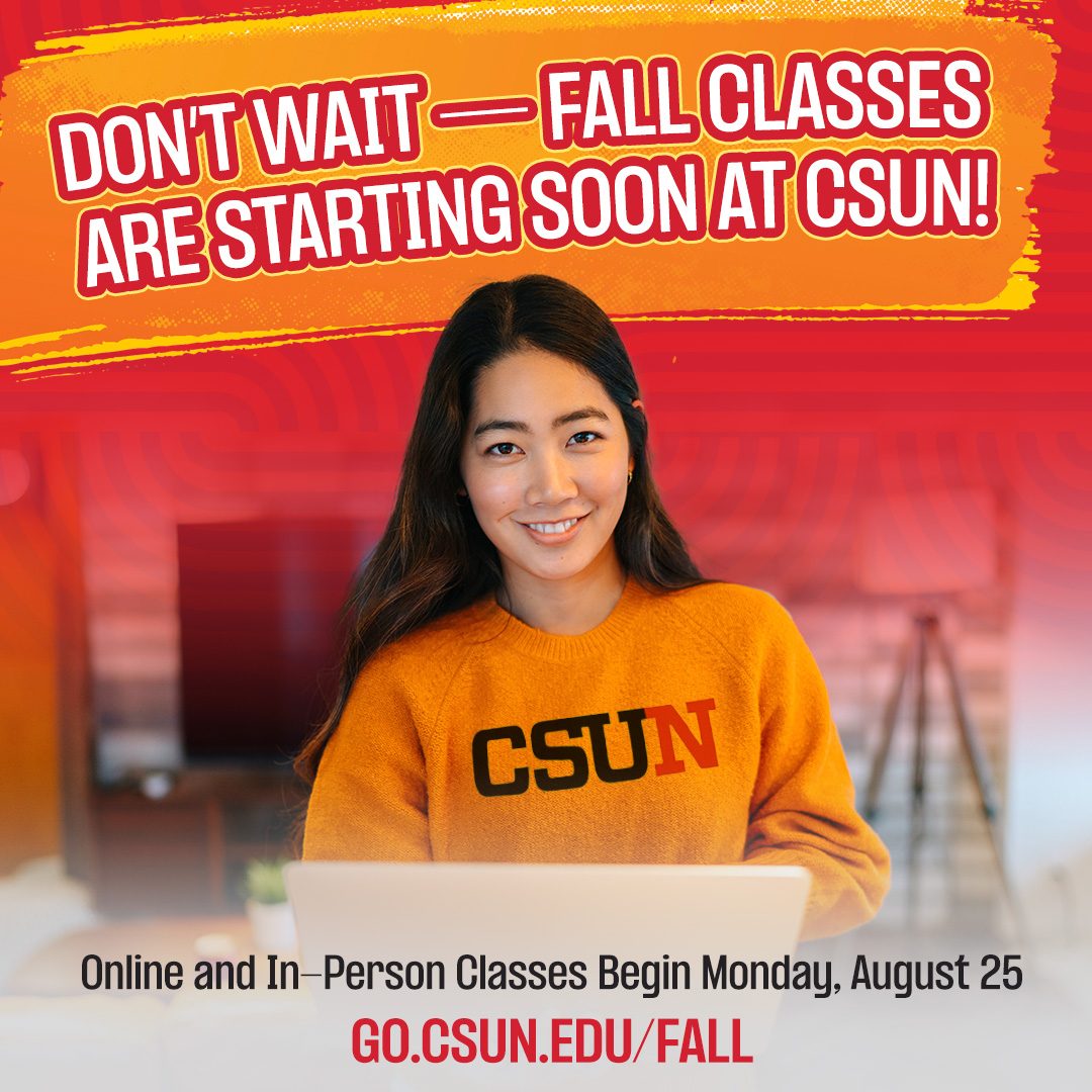 csun_tseng's tweet image. Make this Fall count with CSUN’s Open University. Earn credit, build skills, or explore something new — no admission required.

Fall classes start Aug. 25. Seats are filling up fast: go.csun.edu/FALL

#CSUN #Fall2025