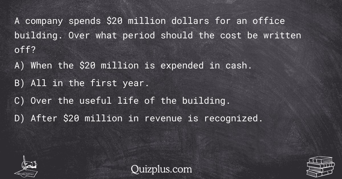 quizplus_exams's tweet image. A company spends $20 million dollars for an office building. Over what period should the cost be written off?
Get Answer: 👉 quizplus.com/quiz/130955-qu…
#StudyRoutine #HospitalofCentralConnecticutClinicsNewBritainGeneralCampus #students