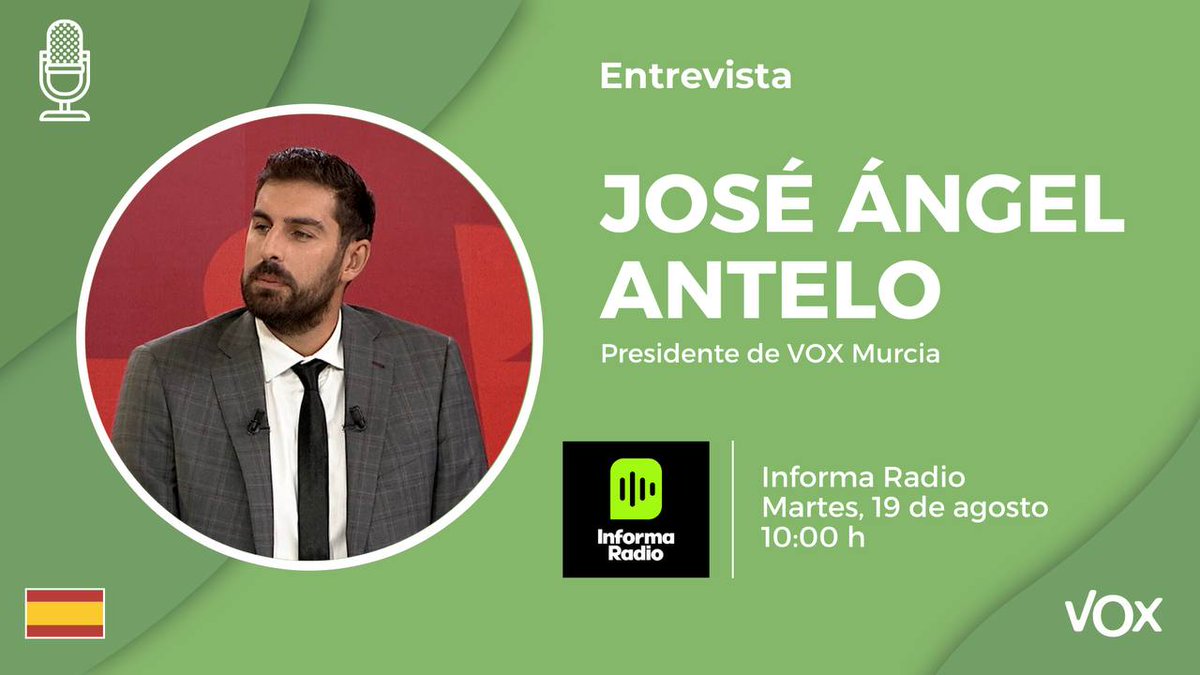 VOX Murcia (@vox_murcia) on Twitter photo 🇪🇸 Nuestro presidente provincial, <a href="/JA_Antelo/">José Ángel Antelo🇪🇸</a>, en <a href="/informaradio_/">Informa Radio</a>
🗓️ Este martes a partir de las 10:00 🕙
📲 informaradio.edatv.news 🇪🇸 Nuestro presidente provincial, <a href="/JA_Antelo/">José Ángel Antelo🇪🇸</a>, en <a href="/informaradio_/">Informa Radio</a>
🗓️ Este martes a partir de las 10:00 🕙
📲 informaradio.edatv.news
