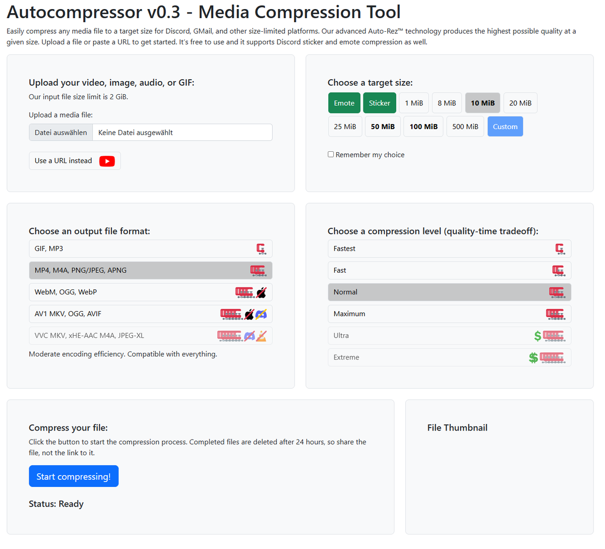 Kleine Website Empfehlung 👉 https://autocompressor .net

Damit könnt ihr das 10MB Discord Limit für Videos umgehen und eure viel zu langen Videos konvertieren, ohne großartig Qualität zu verlieren.