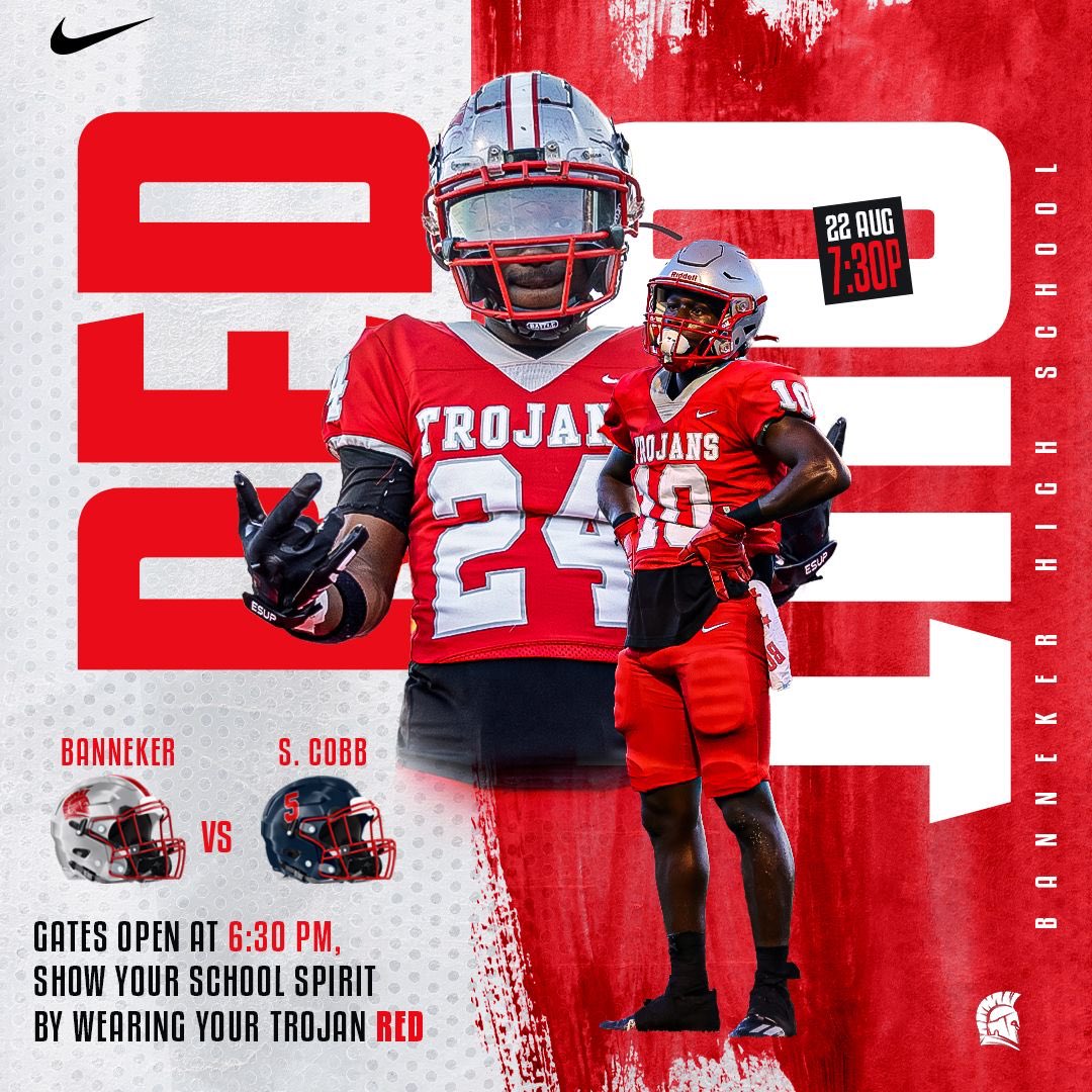 Banneker High School Athletics (@bhsathletics_) on Twitter photo 🚨 #RedOut 
8/22 vs S. Cobb
#GoTrojans🛡️
#FightOn 🗡️ 🚨 #RedOut 
8/22 vs S. Cobb
#GoTrojans🛡️
#FightOn 🗡️