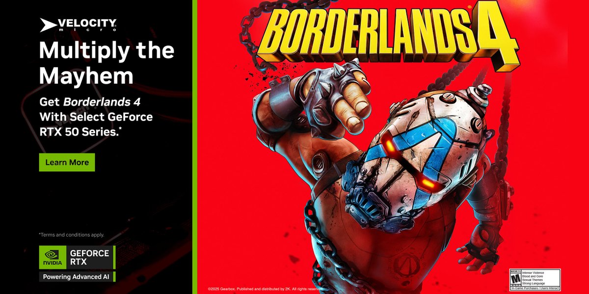 For a limited time, get #Borderlands 4 Gilded Glory Pack bundle with Geforce RTX 5090, 5080, 5070 Ti and 5070 Systems. Multiply the Mayhem. velocitymicro.com/rtx-borderland…