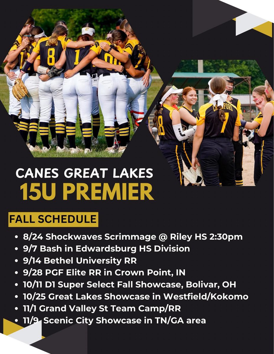 CanesGL2K10's tweet image. 💛🖤Great Lakes Canes 15u Premier is ready to get their fall season started! 🥎First scrimmage is this Sunday at 2:30pm at Riley High School! Come out and watch some great softball! 🖤💛