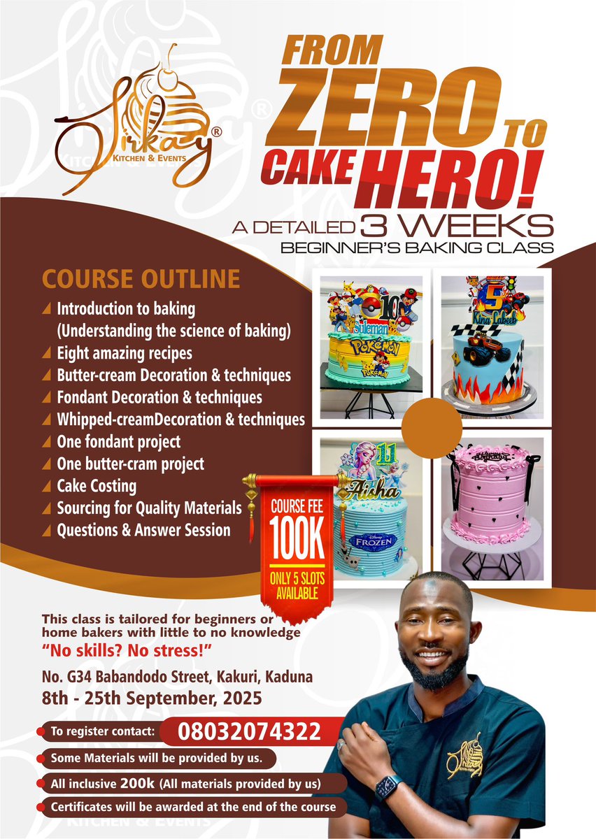 SirKayKitchen's tweet image. Ready to bake your first cake from scratch AND decorate it with confidence?

Join our beginner’s friendly class, we’ll guide you step-by-step through baking

#cakesbysirkay
#BakingForBeginners 
#beginnersbakingclass
#LearnToBake
#CakeBaking101
#bakersinkaduna
#kadunabaker